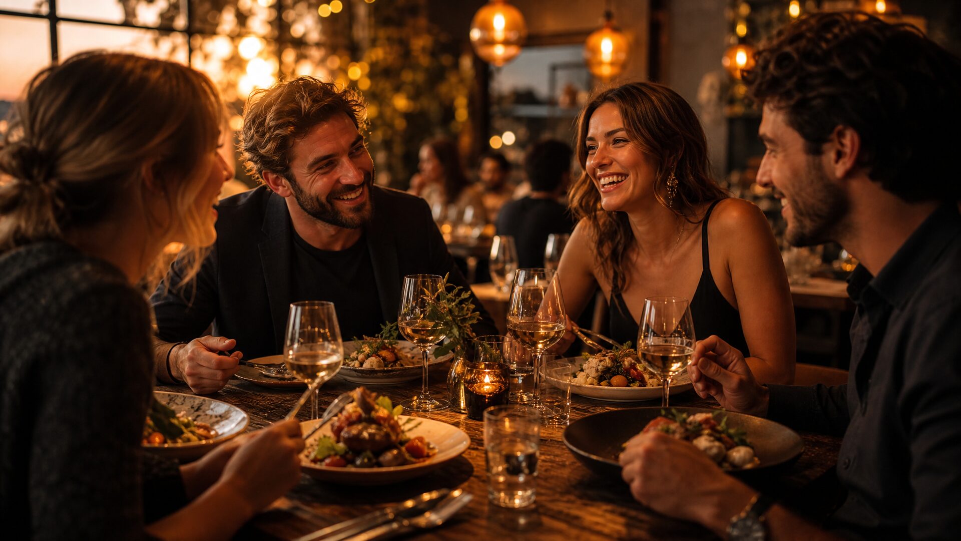 Friends sharing beautifully plated dishes around a warm, candle-lit restaurant table